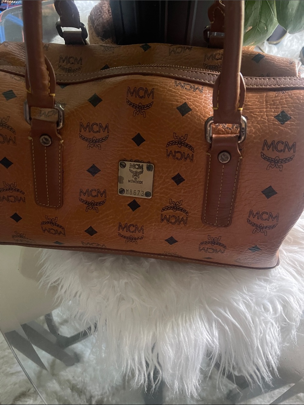 MCM Cognac/Black Logo Visetos Satchel